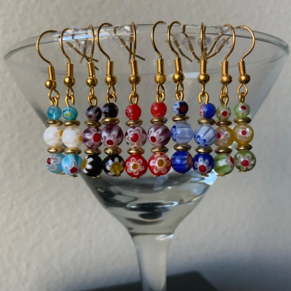 Glass Flower Millefiori Beads Red & Purple Dangle/Drop Boho Handmade Earrings